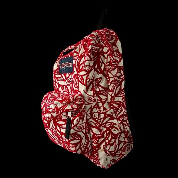 Jansport Red & White Floral Pattern Backpack With Front Pocket & Padded Straps - Picture 4 of 10